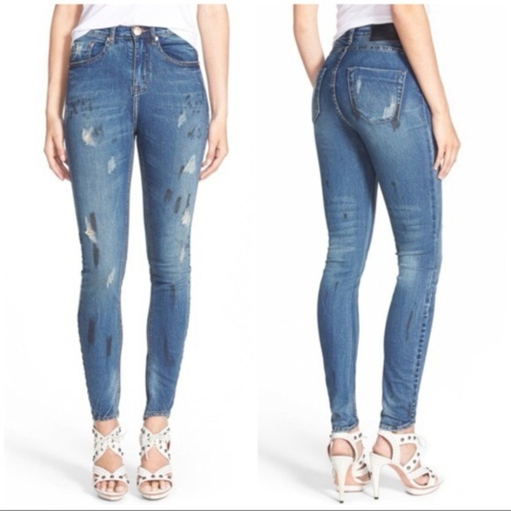 💛 One X Teaspoon Distressed Paint Splatter Skinny Straight Jeans 25